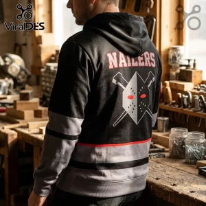 Wheeling Nailers ECHL Alternate Hockey Mask Hoodie in black and grey with a stylized dual-tone mask graphic on the back.