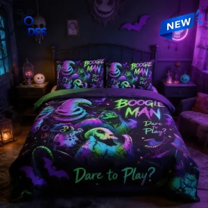 Front view of an Oogie Boogie Glow in the Dark Bedding Set with green and purple graphics.