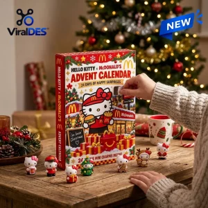 Close-up of a hand opening a Hello Kitty x McDonald's Advent Calendar with holiday decorations on a wooden table.