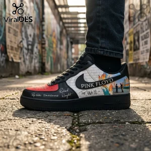Pink Floyd Dark Side of the Moon Air Force 1 shoes featuring The Wall graphics, black accents, and band member signatures.