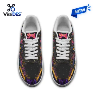 Ghost Band 2 Big To Rig Air Force 1 Sneaker with black leather base, vibrant purple and yellow occult graphic patterns.