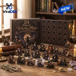 Front view of Witchy Magic Christmas Advent Calendar 2026 with twenty-four drawers and tiny witch figurines.