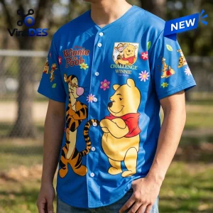 Disney Winnie the Pooh Blue Baseball Jersey featuring Tigger and Pooh Bear graphics with white buttons and floral print.
