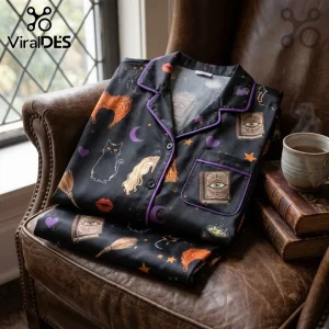 Hocus Pocus Sanderson Sisters Black Pajama Set featuring illustrations of spellbooks, broomsticks, and cats on fabric.