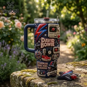 David Bowie Space Oddity 40oz Tumbler with Handle featuring 3D motifs of lightning bolts, retro radios, and classic lyrics.