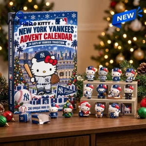 Front view of Hello Kitty x New York Yankees 2026 Advent Calendar box with collectible figurines on a table.