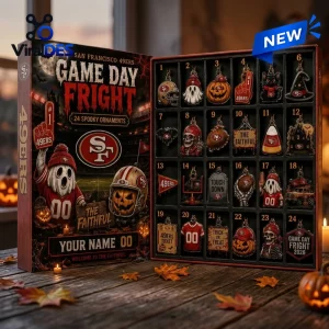Open San Francisco 49ers Halloween 2026 Advent Calendar displaying twenty-four sports-themed holiday ornaments.