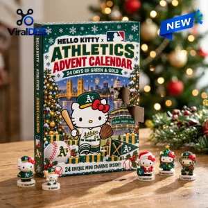 Front view of Hello Kitty x Oakland Athletics Advent Calendar with miniature figurines displayed on wooden surface.