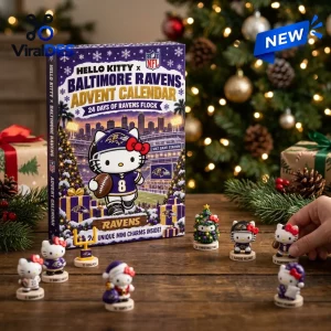 Front view of a Hello Kitty x Baltimore Ravens advent calendar with small character figurines on a wooden table.