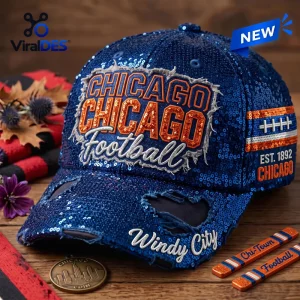 Front view of a blue sequin baseball cap featuring Chicago Football text and distressed detailing.
