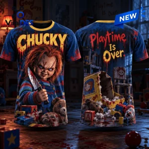 Chucky Playtime Is Over horror shirt featuring a menacing doll with a knife, blood splatter, and toy room background graphics.