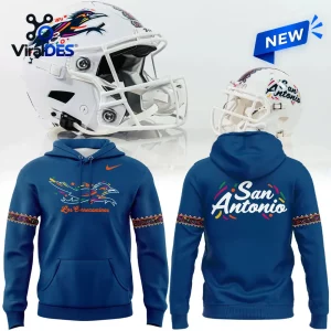 Front and back view of blue UTSA Roadrunners Hispanic Heritage hoodie with San Antonio text.