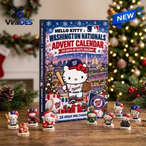 Front view of Hello Kitty x Washington Nationals Advent Calendar 2026 box surrounded by mini figurines.