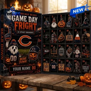 Open Chicago Bears Game Day Fright Halloween Advent Calendar on a wooden table with spooky ornaments.