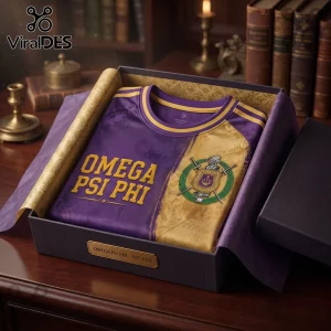 Premium Omega Psi Phi Purple and Gold Shirt featuring fraternity text, crest logo, and sword graphics in a display box.