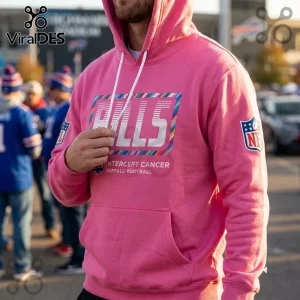 Buffalo Bills 2026 NFL Crucial Catch Pink Hoodie featuring Bills logo, white drawstrings, and Intercept Cancer branding.