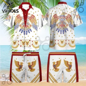 Elvis Presley Gold Eagle Hawaiian shirt and shorts set featuring red, blue, and gold gem-toned eagle prints on white fabric.