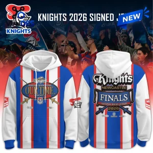 Front and back view of the Newcastle Knights 2026 Grand Final Hoodie featuring red, blue, and white stripes.