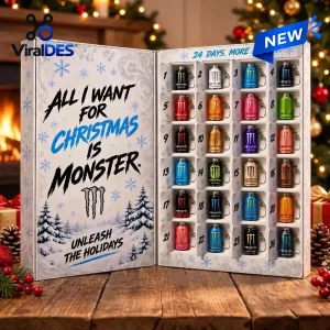 Open Monster Energy Christmas Advent Calendar 2026 with 24 mini can keychains.