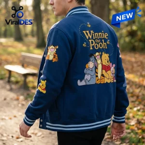Winnie the Pooh Navy Blue Baseball Jacket featuring back graphics of Pooh, Eeyore, Tigger, and Piglet in a park setting.