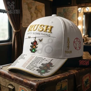 Rush Fifty Something 2027 Tour white baseball cap with embroidered logo, traffic light graphic, and European tour dates.