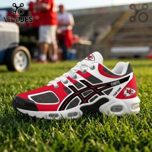 Kansas City Chiefs Custom Air Max Plus Sports Sneakers featuring team red, white, and black colors on a grassy field.
