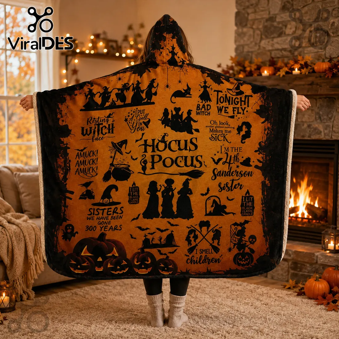 Hocus Pocus Sanderson Sisters Orange Hooded Blanket Hocus Pocus Sanderson Sisters Orange Hooded Blanket