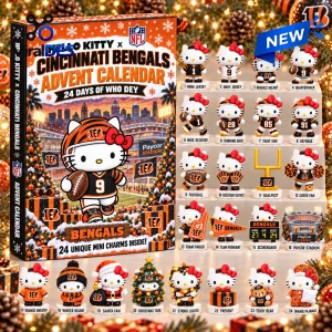 Front view of Hello Kitty x Cincinnati Bengals advent calendar box displaying 24 themed mini character figures.