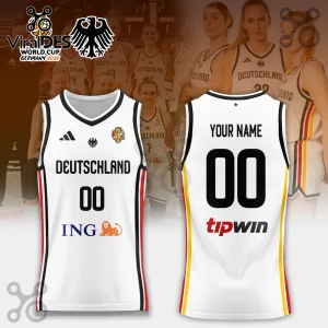 Germany Basketball 2026 FIBA Women World Cup white jersey with black, red, and gold side accents and custom lettering.