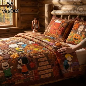 Peanuts Snoopy Great Pumpkin Fall Harvest Quilt Bedding Set featuring Charlie Brown characters on a brown autumn quilt.