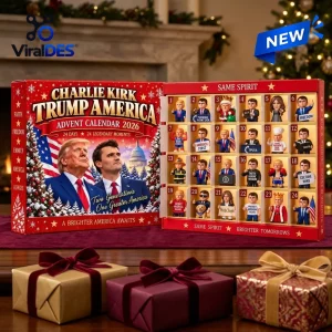 Front view of Charlie Kirk Trump America 2026 Advent Calendar open to reveal numbered miniature figure compartments.