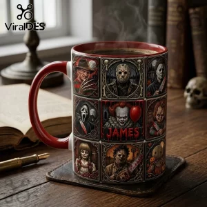 2026 Halloween Killers Ceramic Coffee Mug featuring classic horror movie villains in a 3x3 grid pattern with red accents.