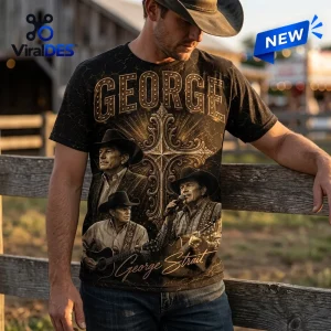 George Strait Pure Country King of Country shirt featuring three images of the singer, a golden cross, and text on black.