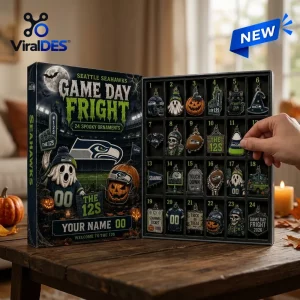 Front view of an open Seattle Seahawks Halloween 2026 Advent Calendar displaying twenty-four themed festive ornaments.