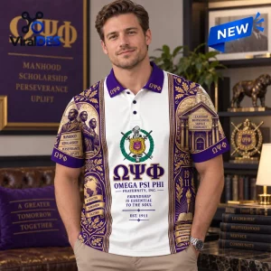 Front view of a man wearing an Omega Psi Phi Fraternity polo shirt featuring purple and gold Greek design motifs.