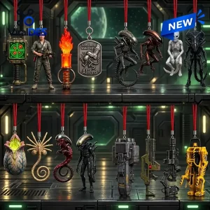 Front view of various hanging figurines and props including alien creatures and weapons.