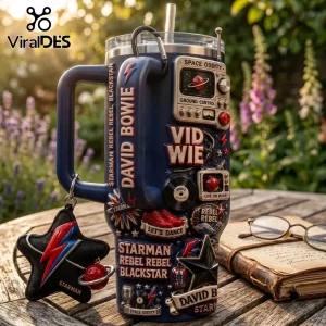 David Bowie Space Oddity 40oz tumbler with handle featuring space-themed graphics, lyrics, and a star-shaped charm.