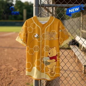 Winnie the Pooh Honeycomb Yellow Baseball Jersey featuring a honey pot graphic, bees, and white buttons on a field background.