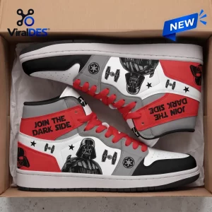 Top view of high top sneakers featuring Darth Vader graphics, red laces, and Join the Dark Side text in a shoe box.