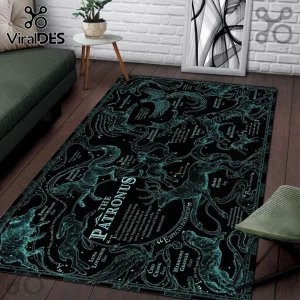 Harry Potter Patronus Charm Rectangular Area Rug featuring bioluminescent blue animal silhouettes and spells on black.