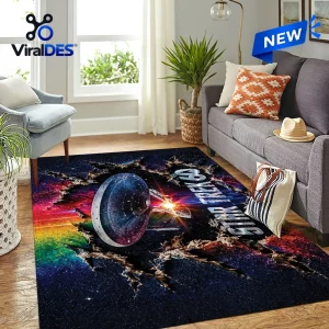 Star Trek 60th Anniversary Galaxy Rectangular Rug featuring a starship flying through a colorful nebula in deep space.