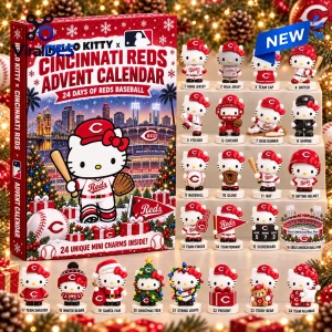 Front view of Hello Kitty x Cincinnati Reds Christmas Advent Calendar with twenty-four figurines displayed.
