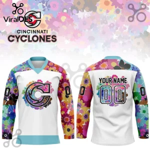 Cincinnati Cyclones Floral Pride Hockey Jersey showing front and back views with multicolor floral patterns and team logos.