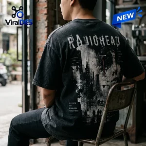Radiohead Urban Silence Distressed Shirt featuring black vintage-wash cotton, city skyline graphic, and song lyrics.