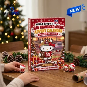 Front view of Hello Kitty x San Francisco 49ers Advent Calendar box with small figurines on a table with holiday decor.