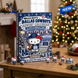 Front view of Hello Kitty x Dallas Cowboys 2026 Advent Calendar box with mini figurines displayed on a table.