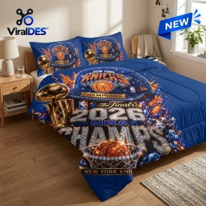 New York Knicks 2026 NBA Champions Bedding Set featuring blue quilt, championship trophy, and team basketball graphics.