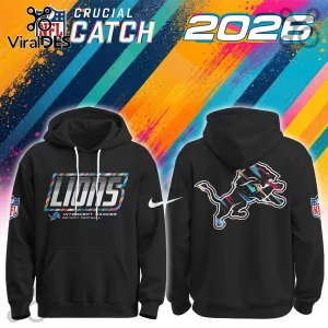 NFL Detroit Lions 2026 Crucial Catch black hoodie showing front logo with text and back design with team emblem.
