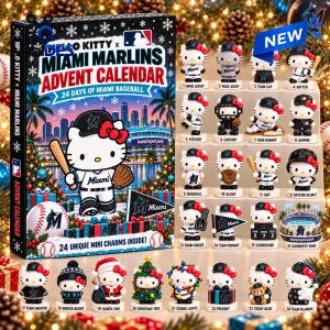 Front view of Hello Kitty x Miami Marlins 2026 Advent Calendar box displaying twenty-four mini figurine charms.