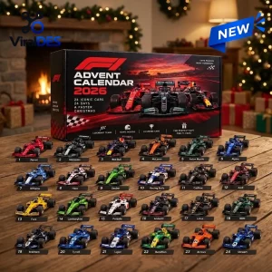 Front view of Formula 1 Advent Calendar Diecast Cars box with twenty four miniature racing cars displayed on a wooden table.